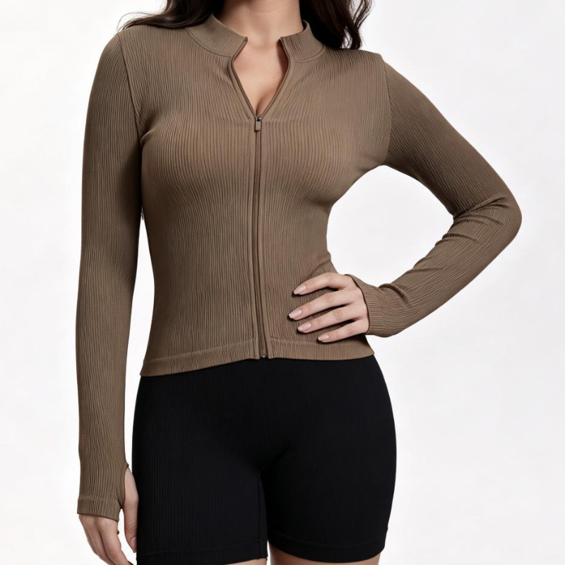 Women Ribbed Long Sleeve Zip U - Yoga In Fitness ulasan dan harga
